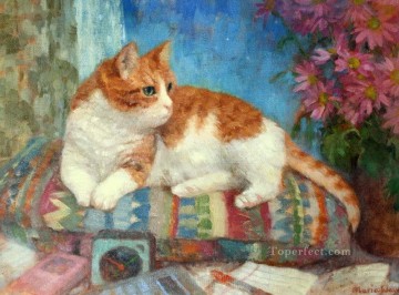 動物 Painting - 猫と静物画の花